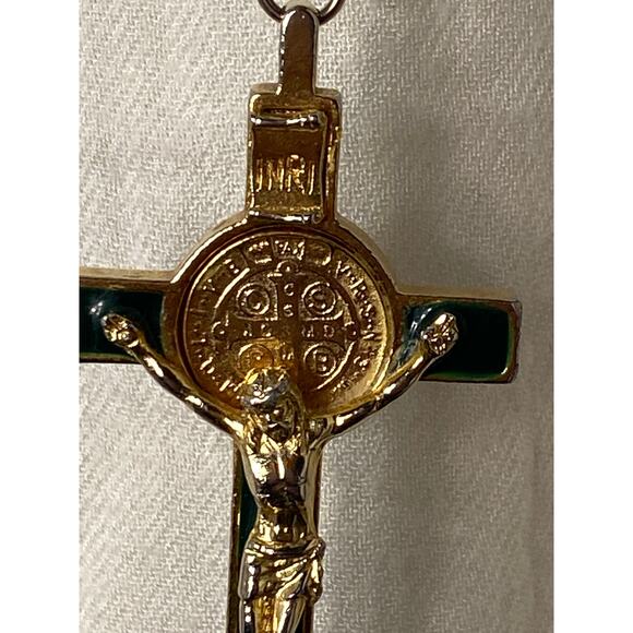 Gold tone St. Benedict Crucifix Pendant Necklace on Heavy Gold tone box chain. - Picture 3 of 16